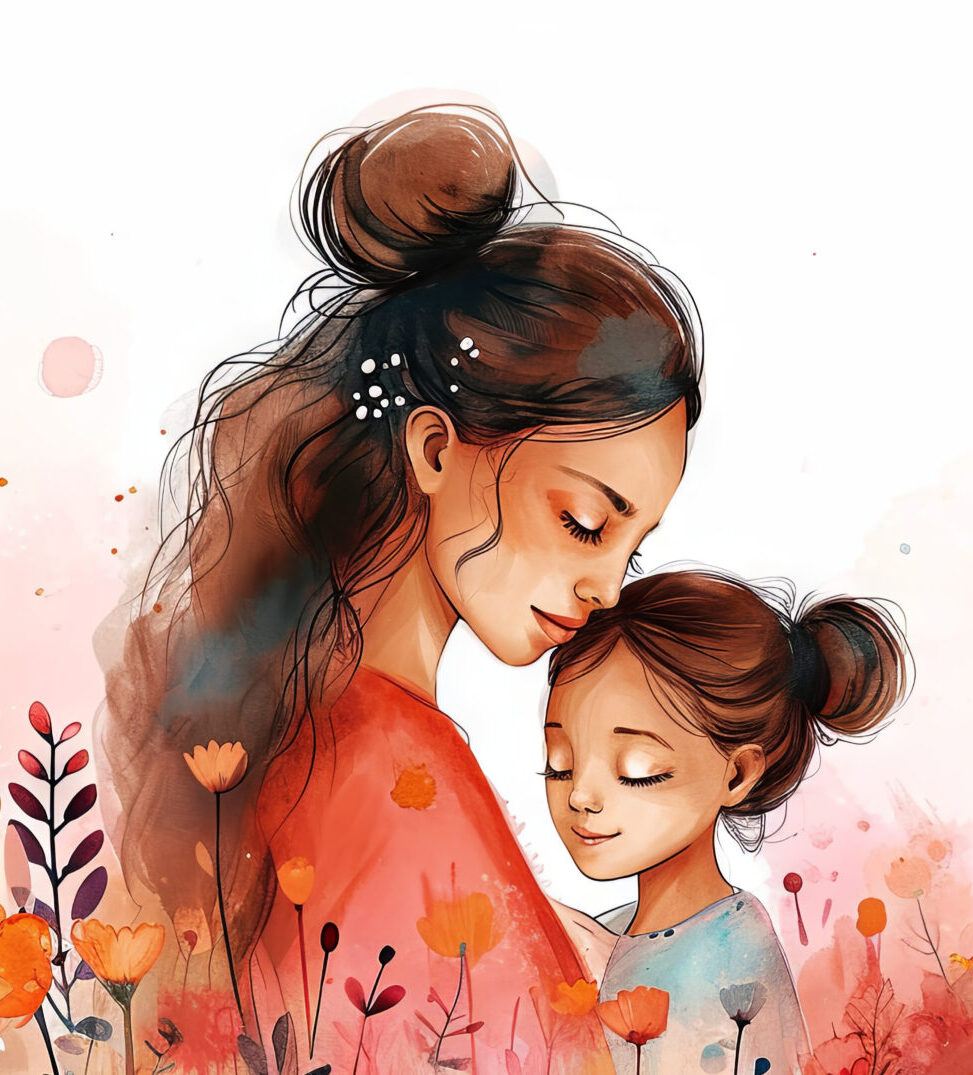 Illustration einer Mutter, die ihr autistisches Kind sanft im Arm hält – Symbol für Unterstützung für Eltern autistischer Kinder