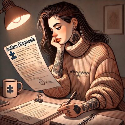 Illustration einer Frau, die schreibt – Sinnbild für persönliche Begleitung auf Augenhöhe bei Autismus