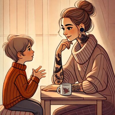 Illustration einer Mutter mit ihrem autistischen Kind – Symbol für Nähe, Verständnis und alltägliche Herausforderungen