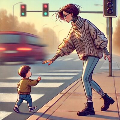 Illustration einer Mutter und ihres autistischen Kindes auf der Straße – Symbol für neuen Halt und Klarheit