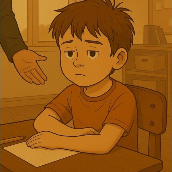 Illustration eines überforderten, verzweifelten Kindes in der Schule – Symbol für den Wunsch nach Orientierung und unterstützendem Umfeld